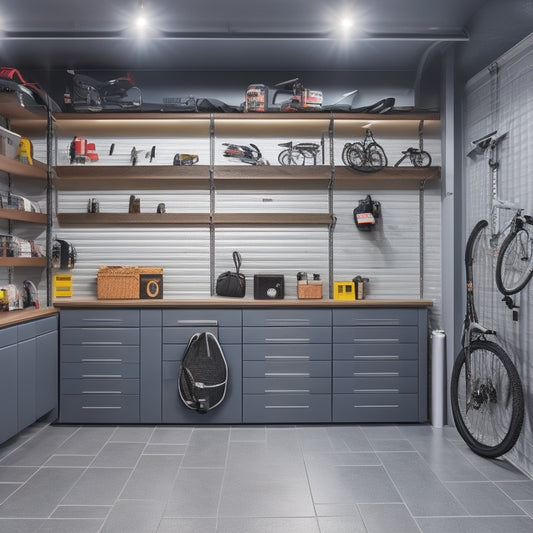 A well-lit, modern garage with a sleek, gray epoxy floor, featuring a pegboard with neatly organized tools, a shelved cabinet with labeled bins, and a ceiling-mounted bike storage system.