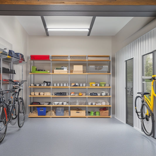 A bright, modern garage with sleek, silver shelves and bins, featuring a slanted roof storage system, wall-mounted bike racks, and a retractable staircase leading to an overhead storage loft.