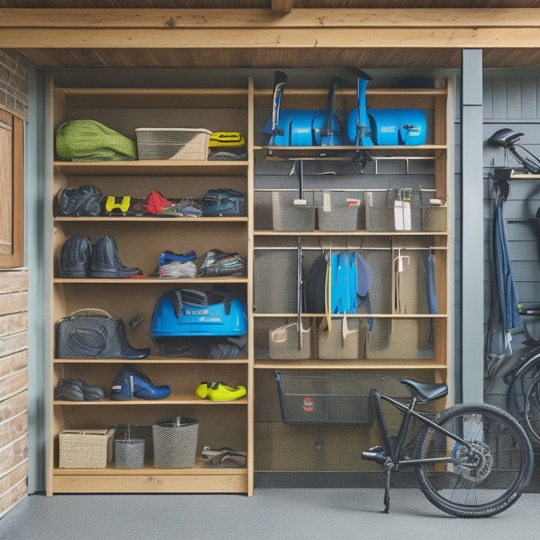 A tidy outdoor gear storage area with a shelved unit holding neatly organized bins, a pegboard with hooks for hanging accessories, and a floor-to-ceiling storage rack for bikes and kayaks.