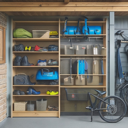 A tidy outdoor gear storage area with a shelved unit holding neatly organized bins, a pegboard with hooks for hanging accessories, and a floor-to-ceiling storage rack for bikes and kayaks.