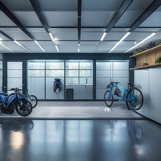 A sleek, modern garage with polished concrete floors, glossy epoxy-coated cabinets, and a suspended bike storage system, illuminated by LED strip lights and a large skylight above.