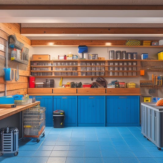 A well-lit, clutter-free garage with a slatwall featuring hooks, bins, and a pegboard, surrounded by a neatly organized workbench, labeled storage containers, and a floor with a sleek epoxy finish.