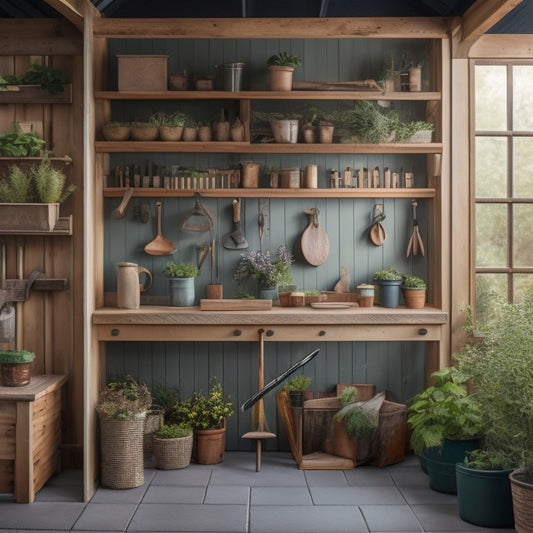A tidy garden shed interior with a pegboard on the back wall, holding neatly arranged gardening tools, and a workbench in the center with a small cabinet and a few potted plants on top.