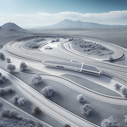Illustrate a stylized map with a fleet of sleek, silver cars moving along winding roads, surrounded by subtle grid lines and minimalist landmarks, highlighting route connections and service areas.
