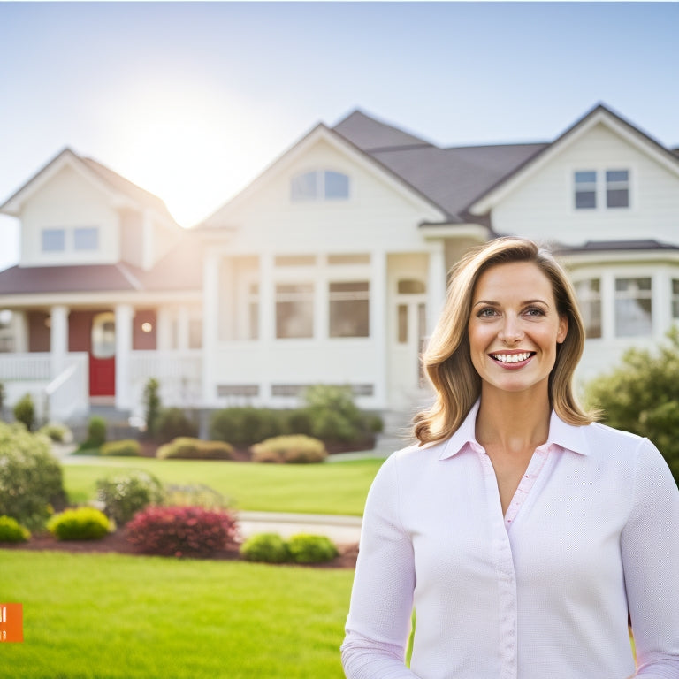 A warm, sunny landscape featuring a smiling real estate agent standing in front of a "Sold" sign, surrounded by lush greenery and a modern, white, two-story house with a bright red door.