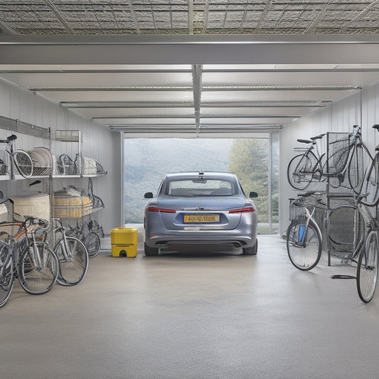 A clutter-free garage with a silver car parked in the center, surrounded by overhead storage racks holding bicycles, luggage, and storage bins, with a hydraulic lift system in the background.