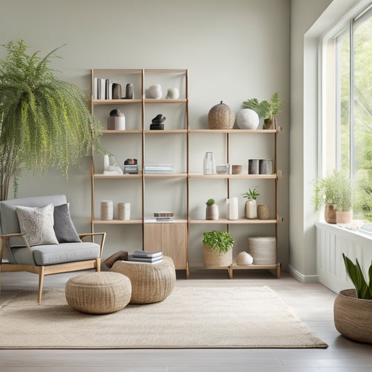A serene, minimalist living room with a sleek, wall-mounted shelving unit, woven baskets, and a stylish ottoman with a lift-top storage compartment, surrounded by lush greenery and soft, natural light.