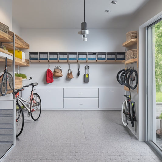 A clutter-free garage with a small footprint, featuring a slotted wall with hanging bins, a compact shelving unit, and a ceiling-mounted bike rack, all in a soothing gray and white color scheme.