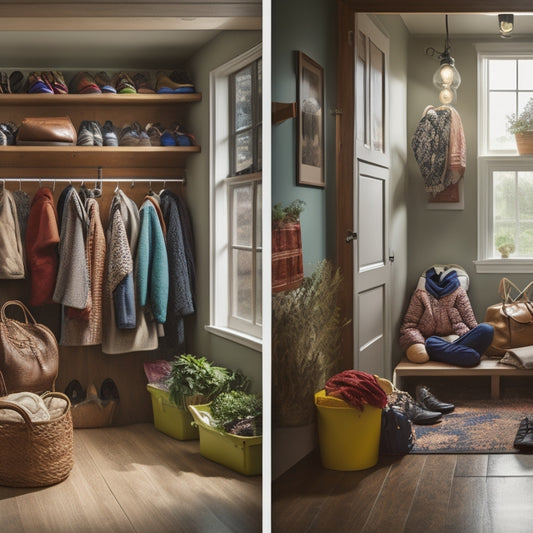A before-and-after split-screen image: cluttered mudroom with shoes scattered, jackets tangled, and backpacks piled high, versus a tidy space with hooks, baskets, and a bench, illuminated by natural light.