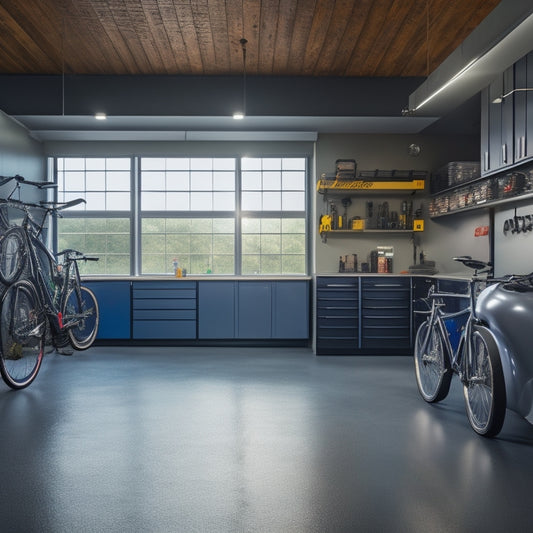 A well-lit, modern garage with epoxy-coated floors, sleek metal cabinets, and a slatwall with organized tools and accessories, featuring a sports car and a few bicycles in the background.