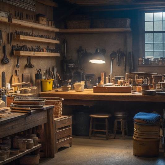 A well-organized workshop with a wooden workbench, surrounded by neatly arranged tools and storage bins, beneath a bright overhead light, with a faint smell of freshly cut wood.