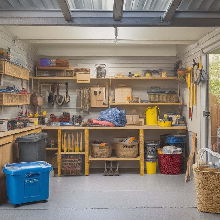 A bright, organized garage with a senior adult, age 65+, standing in the center, surrounded by labeled storage bins, a rolling workbench, and a few well-maintained gardening tools.