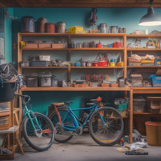 A cluttered garage with tools scattered on the floor, bicycles leaning against walls, and boxes stacked haphazardly, contrasted with a small, organized corner featuring a pegboard and labeled bins.