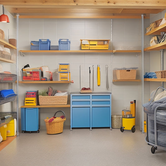 A well-lit, organized garage with senior-friendly storage solutions: a walk-in area with a low-to-the-ground shelving unit, adjustable hooks, and a rolling cart with easy-grip handles.