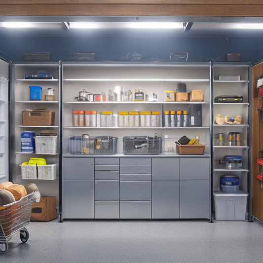 A clutter-free garage with sleek, silver cabinets, a pegboard with hooks, and a slatwall with bins and baskets, illuminated by bright, overhead LED lights and a large, glass garage door.