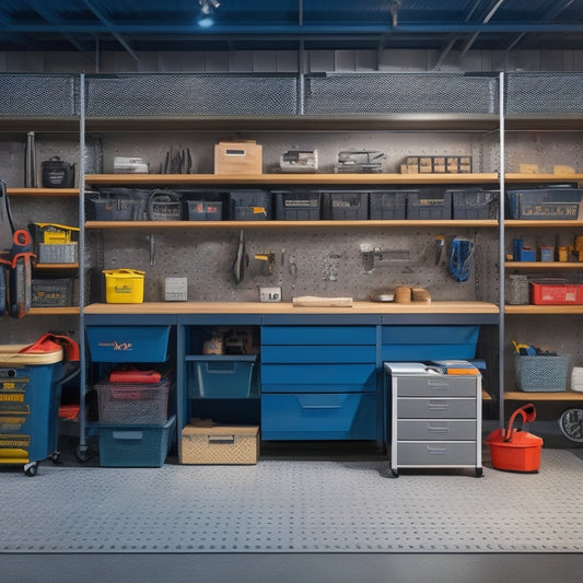 A well-lit, clutter-free garage with a pegboard displaying neatly arranged tools, a toolbox with labeled drawers, and a shelving unit storing bins and baskets, all set against a clean, gray concrete floor.