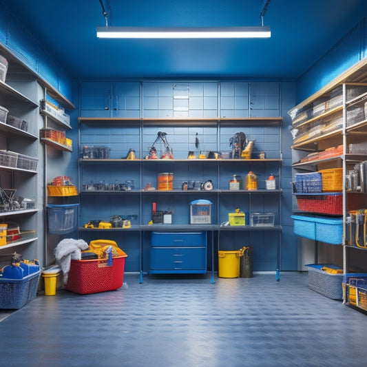 A bright, well-lit garage interior with a sleek, gray epoxy-coated floor, organized rows of storage bins, and a pegboard with neatly hung tools and accessories.