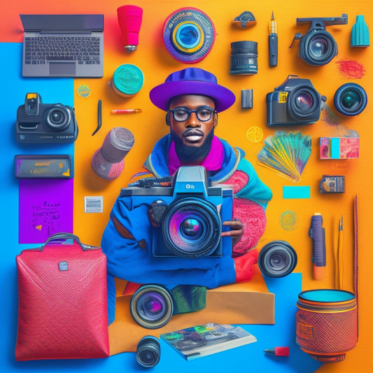A vibrant, stylized illustration of a person surrounded by diverse, colorful symbols representing various side hustles, such as a camera, musical notes, a laptop, and a paintbrush.