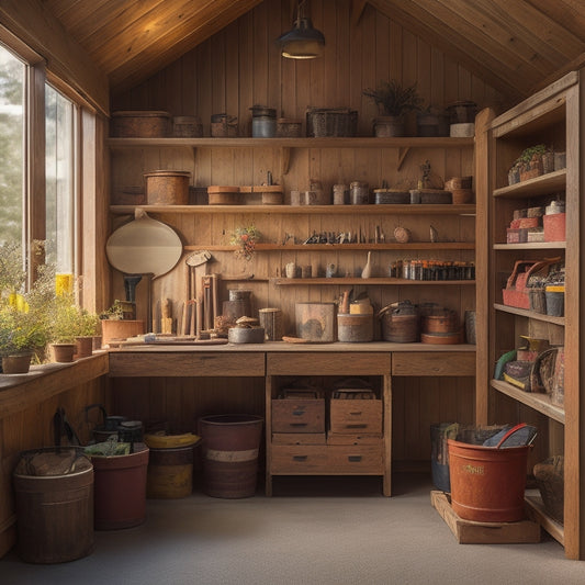 A well-organized shed interior with custom-built wooden shelves, adorned with neatly arranged storage bins, tools, and gardening supplies, illuminated by natural light pouring in through a large window.
