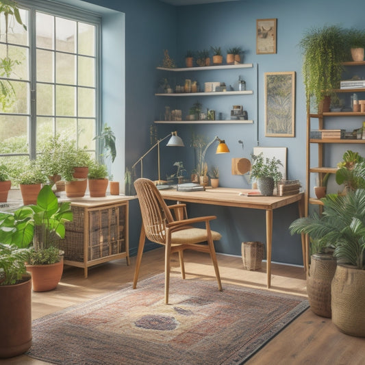 A serene, well-lit room with a wooden desk, a comfortable ergonomic chair, a few potted plants, and a colorful rug, surrounded by neatly organized shelves and a large, blank whiteboard.