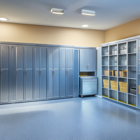 A well-organized garage interior with sleek, gray custom lockers featuring ventilated doors, stainless steel handles, and adjustable shelves, surrounded by polished concrete floors and bright LED lighting.