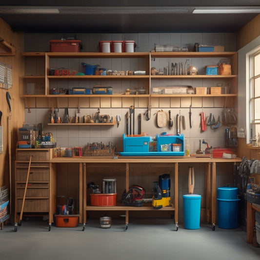 An organized garage with wooden shelves of varying heights, holding toolboxes, bins, and a ladder, surrounded by a pegboard with hooks and a workbench with a vice.