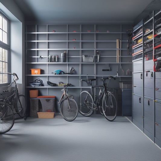 A clutter-free garage with a sleek, gray epoxy floor, featuring a wall-mounted bike rack, a pegboard with hooks and bins, and a row of matching, labeled storage cabinets.