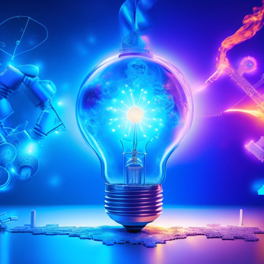 An illustration of a lightbulb bursting into flames, surrounded by orbiting gears, cogs, and puzzle pieces, set against a vibrant, electric blue background with subtle circuit board patterns.