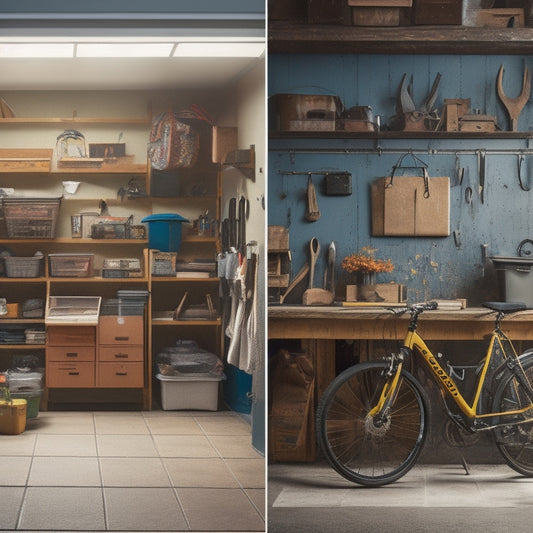 A before-and-after split-screen image: cluttered garage with scattered tools, boxes, and bikes on the left, and an organized garage with labeled bins, a pegboard, and a tidy workbench on the right.