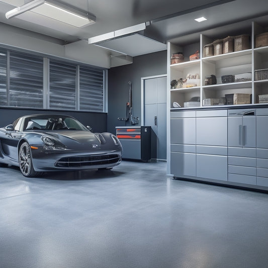 A sleek, modern garage with polished concrete floors, featuring a wall of premium, high-gloss, gray cabinets with chrome handles, surrounded by a sports car and organized tools and equipment.