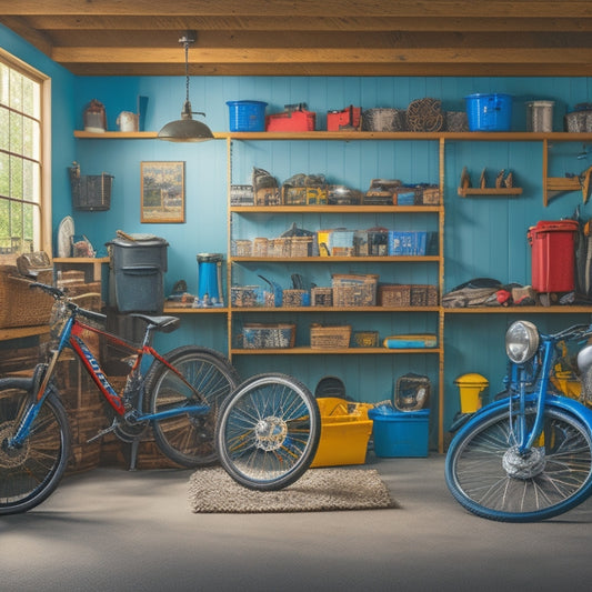 A cluttered garage with tools scattered on the floor, bicycles leaning against walls, and storage bins overflowing, contrasted with a clean and organized garage in the background, featuring labeled bins, a pegboard, and a neatly parked car.