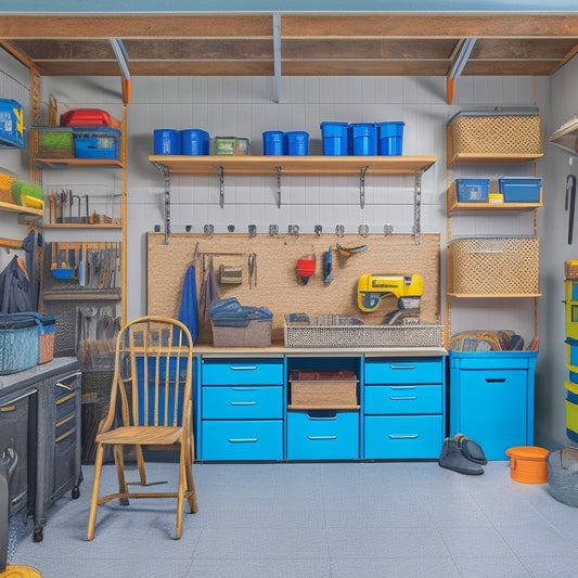A tidy garage interior with a slatwall, hooks, bins, and baskets, a workbench with a pegboard, and a floor-to-ceiling storage unit with labeled containers and a rolling toolbox.