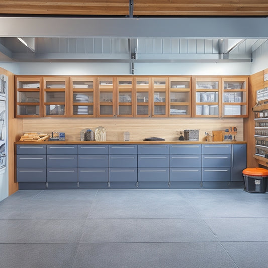 A well-lit, modern garage with sleek, floor-to-ceiling cabinets in a warm, wood-grain finish, adorned with chrome handles, and filled with organized tools and storage bins, against a clean, gray concrete floor.