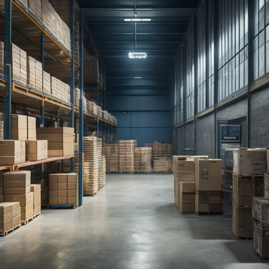 A clutter-free warehouse with labeled crates, rolling shelves, and a mezzanine storage area, featuring a sleek, industrial aesthetic with exposed brick walls and polished concrete floors.