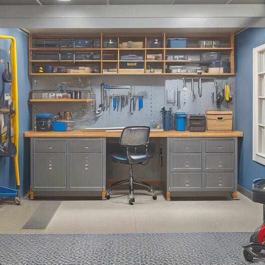 A well-organized garage with a sturdy, wall-mounted workbench featuring built-in cabinets, drawers, and a pegboard, surrounded by neatly arranged tools and a sleek, epoxy-coated floor.