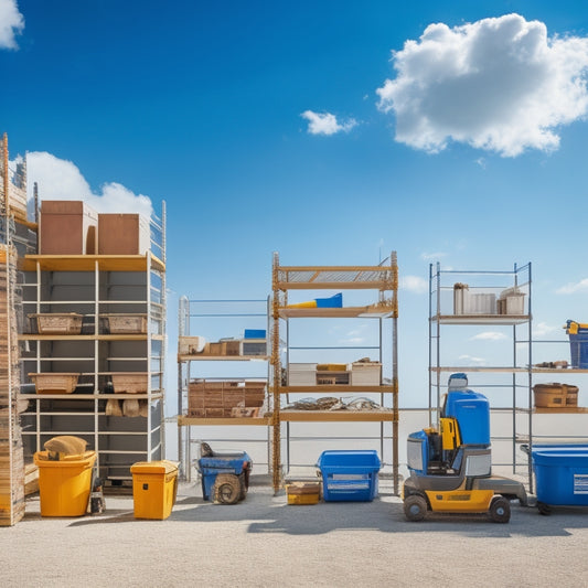 A clutter-free construction site with organized toolboxes, stacked metal shelving units, and a pegboard with neatly hung tools, set against a bright blue sky with a few fluffy white clouds.