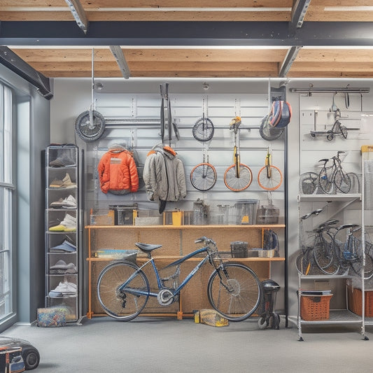 A clutter-free garage with bikes of varying sizes suspended from the ceiling by sturdy hooks, leaned against a pegboard, and tucked into compact floor-standing racks, surrounded by tools and storage bins.