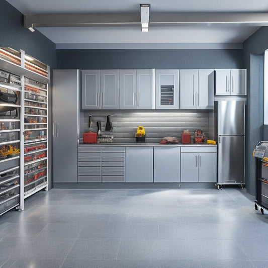 A modern garage interior with sleek, gray Ulti-MATE cabinets featuring stainless steel handles, surrounded by a polished concrete floor, and a few strategically placed tools and sports equipment.