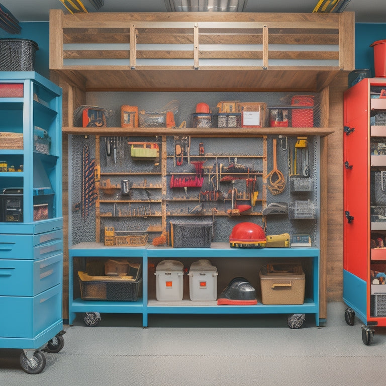 A well-organized garage with a pegboard on the wall, color-coded bins on shelves, and a rolling tool chest with open drawers, surrounded by a tidy floor and a few strategically placed tools.