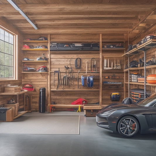 A well-organized garage interior with sturdy, multi-tiered shelves made of wooden planks and metal frames, holding various storage bins, tools, and sports equipment, with a sleek, modern sports car in the background.
