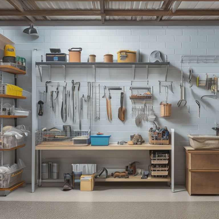 A tidy garage with slatwall panels, baskets, and hooks, featuring a workbench with a vice, a pegboard with tools, and a shelving unit with labeled bins and a step stool.