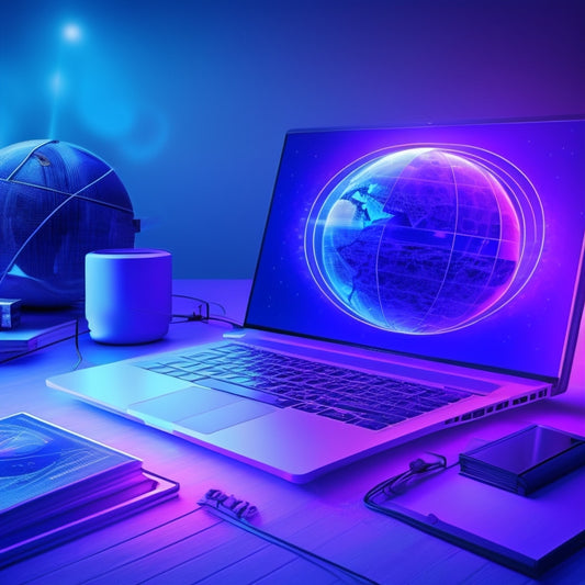 A futuristic, minimalist illustration depicting a laptop surrounded by orbiting educational icons (books, globe, diploma) with glowing blue circuits and wires emanating from the laptop, filling the background with a subtle gradient of blue to purple.