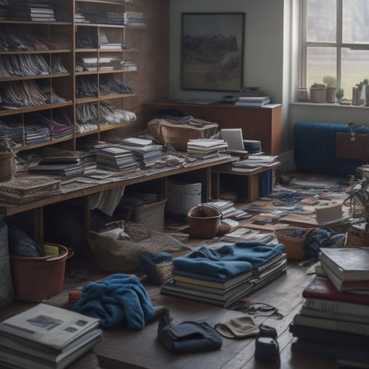 A cluttered room with clothes scattered on the floor, books stacked haphazardly, and a messy desk, transforming into a tidy space with organized shelves, labeled bins, and a serene atmosphere.