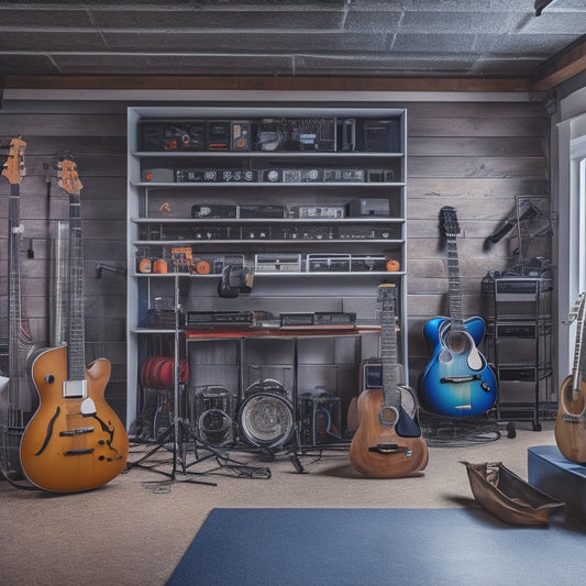 An organized garage with a music-themed backdrop, showcasing a sleek shelving unit holding guitars, amps, and music sheets, surrounded by neatly stored music gear and accessories.