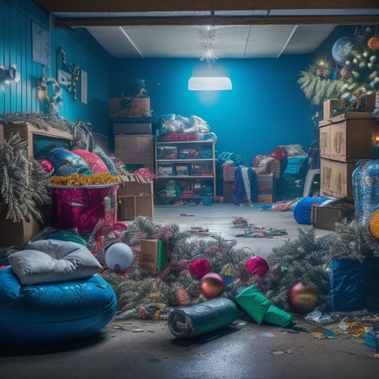 A cluttered garage interior with tangled strings of fairy lights, crushed boxes of ornaments, and a jumbled mess of inflatables, wreaths, and festive decorations spilling out of bins and onto the floor.