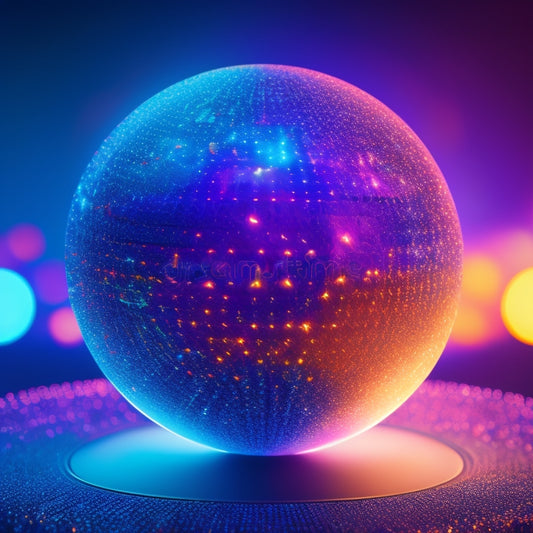 A futuristic, glowing orb surrounded by swirling, iridescent particles, radiating light and energy, with a subtle, shimmering grid pattern in the background, symbolizing digital innovation and limitless potential.