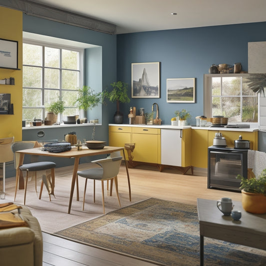 A bright, modern living room with a renovated kitchen in the background, featuring a laptop on a coffee table with a folders and papers scattered around, surrounded by paint swatches and DIY tools.
