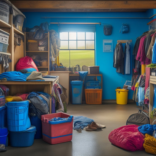 A cluttered garage with out-of-season clothes scattered on the floor, hanging from hooks, and spilling out of bins, with a few storage containers and shelves in the background, amidst cobwebs and dust.