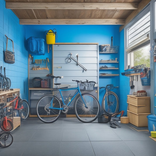 A clutter-free small garage with a compact car, a few bicycles, a toolbox, and a small workbench, surrounded by organized storage bins and hooks on the walls and ceiling.