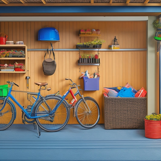 A tidy garage with a slatted wall system holding folded patio umbrellas, stacked outdoor cushions, and a suspended bike, alongside labeled bins containing seasonal decorations and outdoor toys.